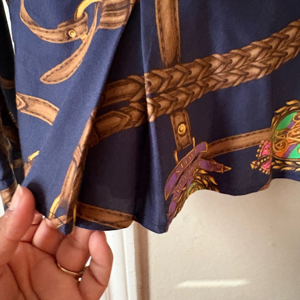 Ralph Lauren Equestrian Navy Gold Chain-Print Peplum Button-Down Shirt - Picture 6 of 7